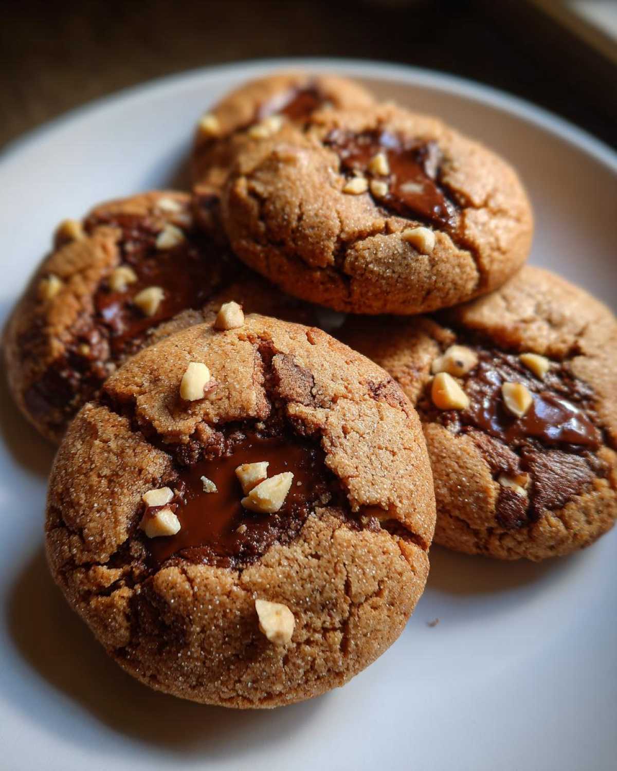 A plate of homemade Nutella cookies with a gooey center and chopped nuts on top.