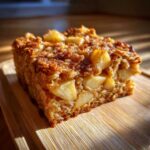 A close-up of a slice of oatmeal apple breakfast bake on a wooden board, highlighting the apples and oatmeal texture.
