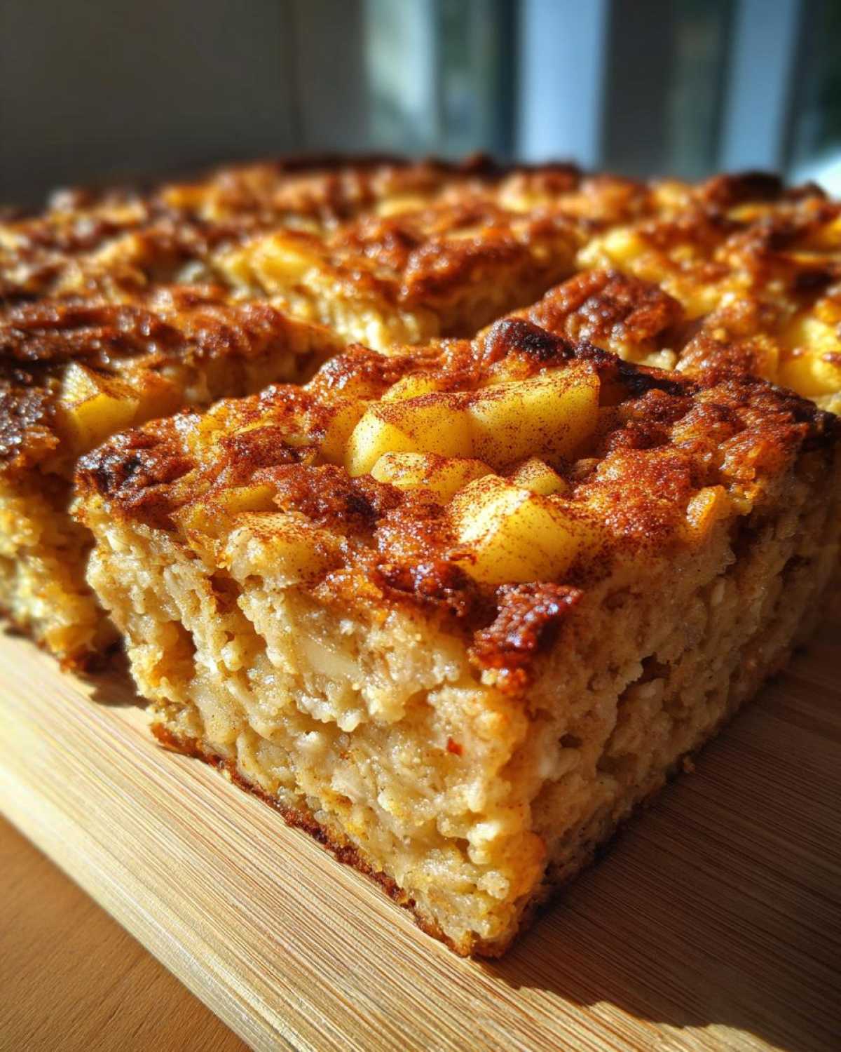 A slice of warm oatmeal apple breakfast bake with visible oats and apple pieces on a wooden board.