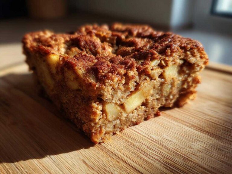 A slice of warm oatmeal apple breakfast bake on a wooden board, showcasing the apple chunks and baked oatmeal texture.
