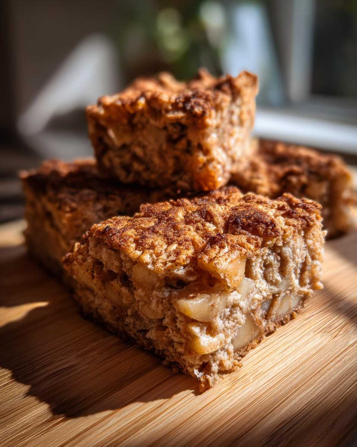 Stacked slices of oatmeal apple breakfast bake on a wooden board, showcasing the apple filling and golden-brown topping.