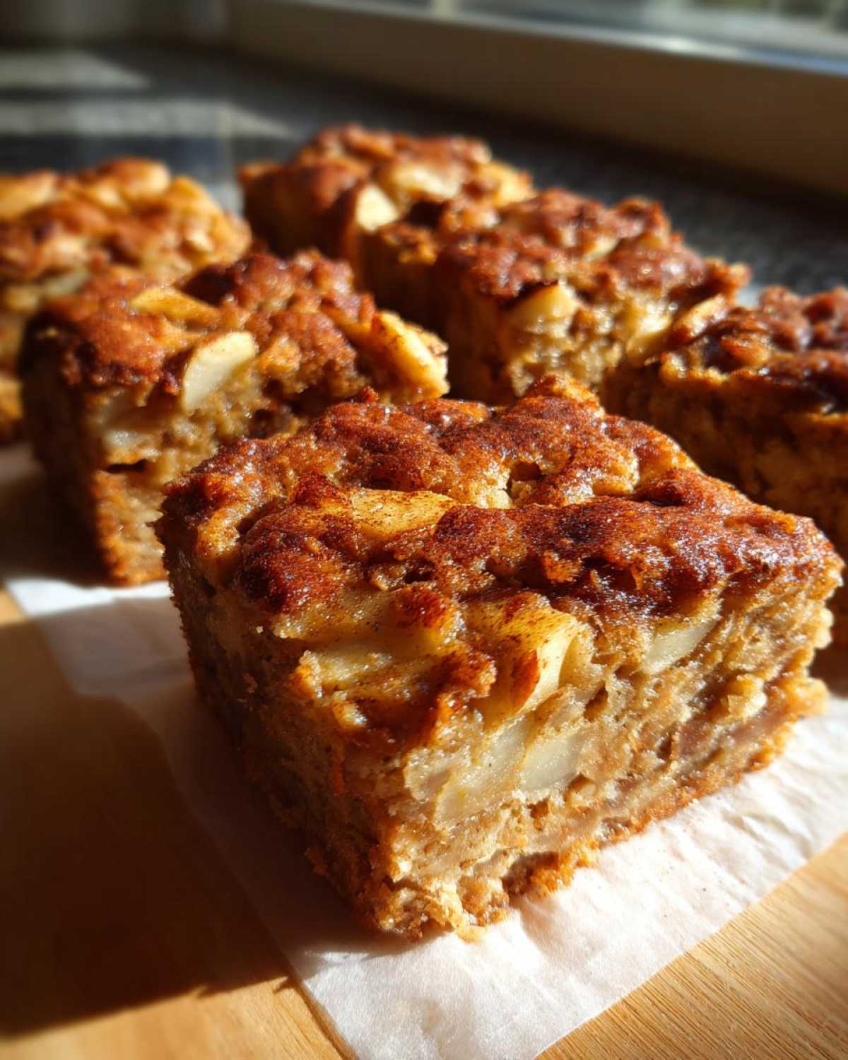 Close-up of sliced oatmeal apple breakfast bake, showing apples and cinnamon topping.