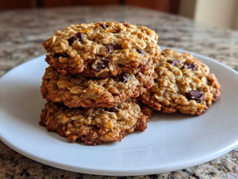 Stack of freshly baked oatmeal pumpkin chocolate chip cookies on a white plate.