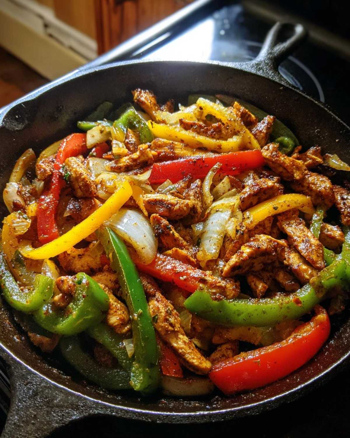 Close-up of one pan chicken fajitas with colorful bell peppers and onions in a cast iron skillet.