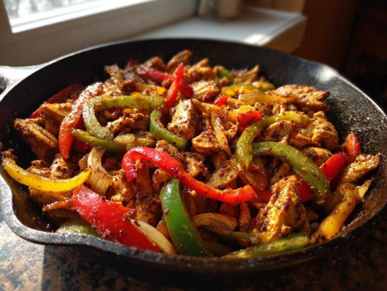 Close-up of one pan chicken fajitas with colorful bell peppers and onions in a cast iron skillet.