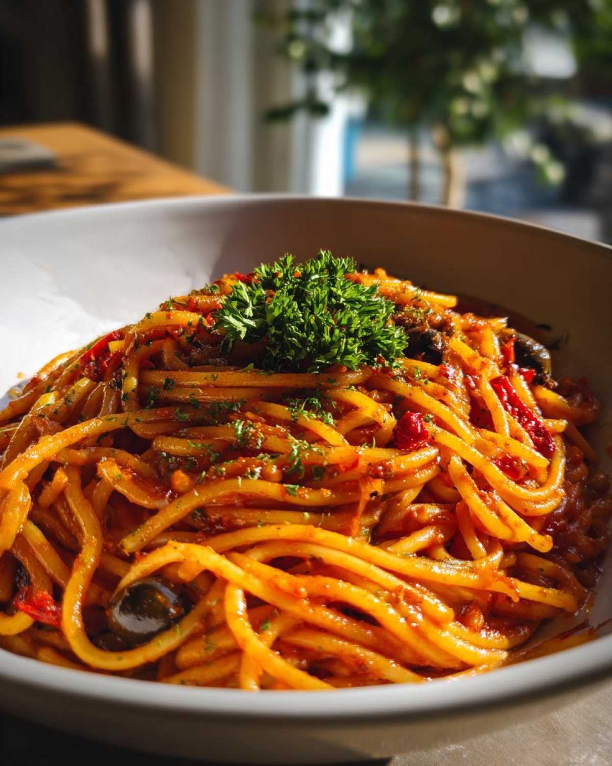 Close-up of a bowl of one pan spicy pasta, garnished with parsley and featuring a vibrant red sauce.
