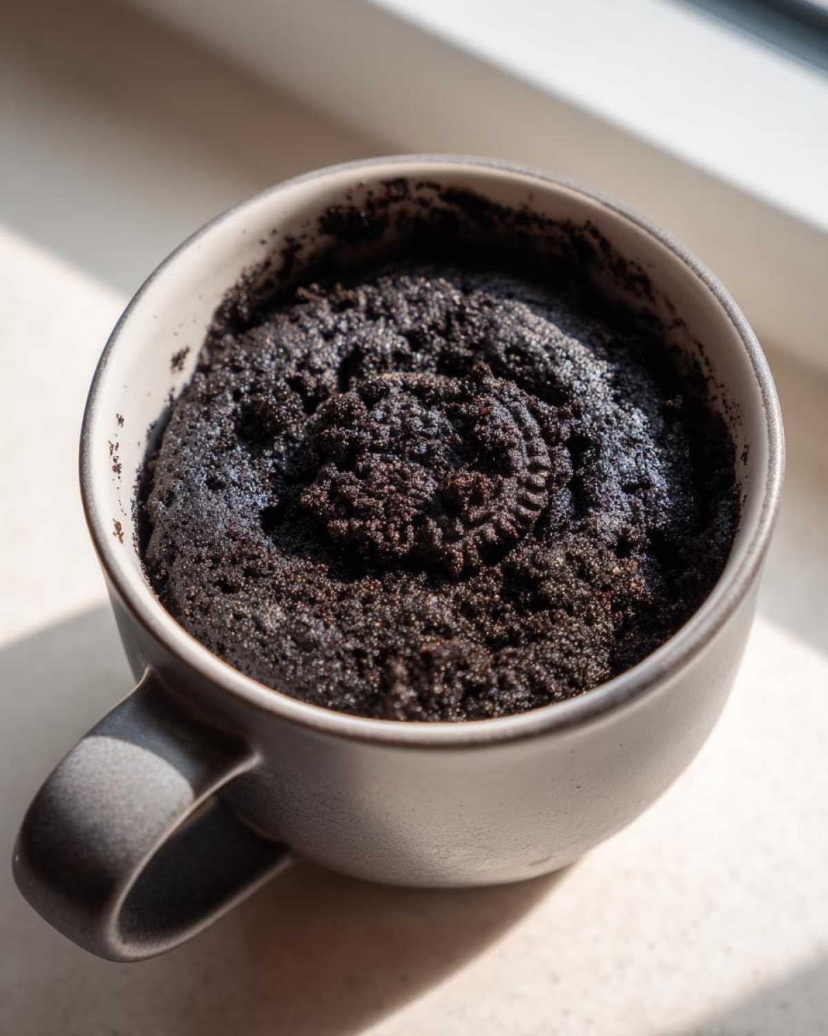 Top-down view of a freshly baked Oreo mug cake in a gray mug, featuring a visible Oreo cookie on top.