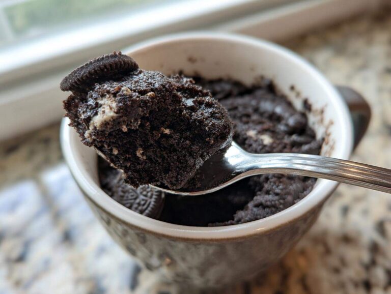 Close-up of an Oreo mug cake on a spoon, showing the texture and Oreo pieces.