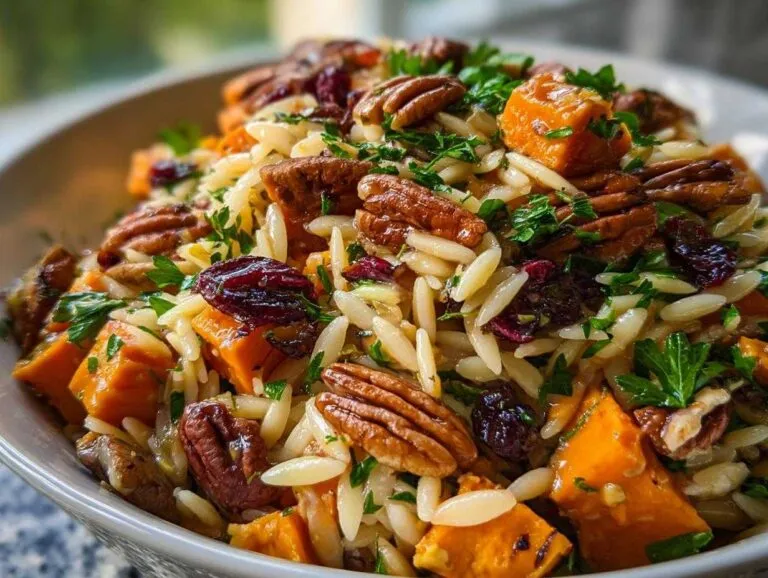 Close-up of a bowl of orzo sweet potato salad with pecans, cranberries, and fresh parsley.