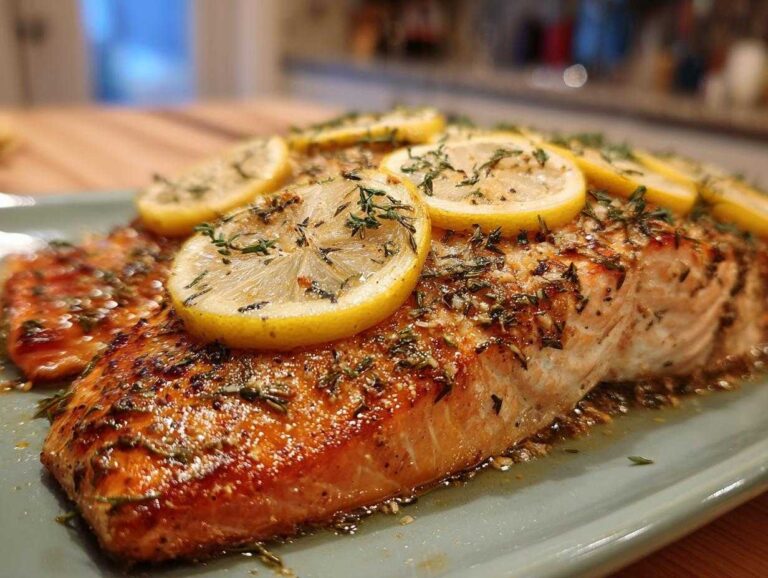 Close-up of Oven baked salmon garnished with lemon slices and herbs on a serving plate.