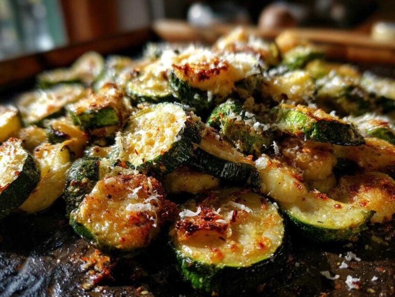 Close-up of oven roasted zucchini slices with parmesan cheese, showcasing a simple and tasty side dish.