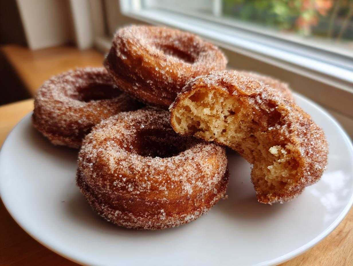 Close-up of pancake donuts coated in cinnamon sugar, one with a bite taken out, showcasing the texture.