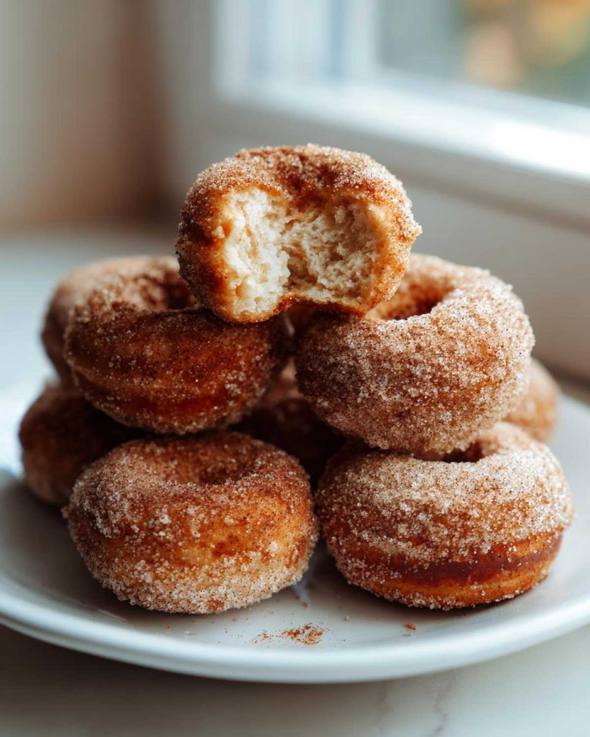 A stack of pancake donuts coated in cinnamon sugar, with a bite taken out of the top donut.