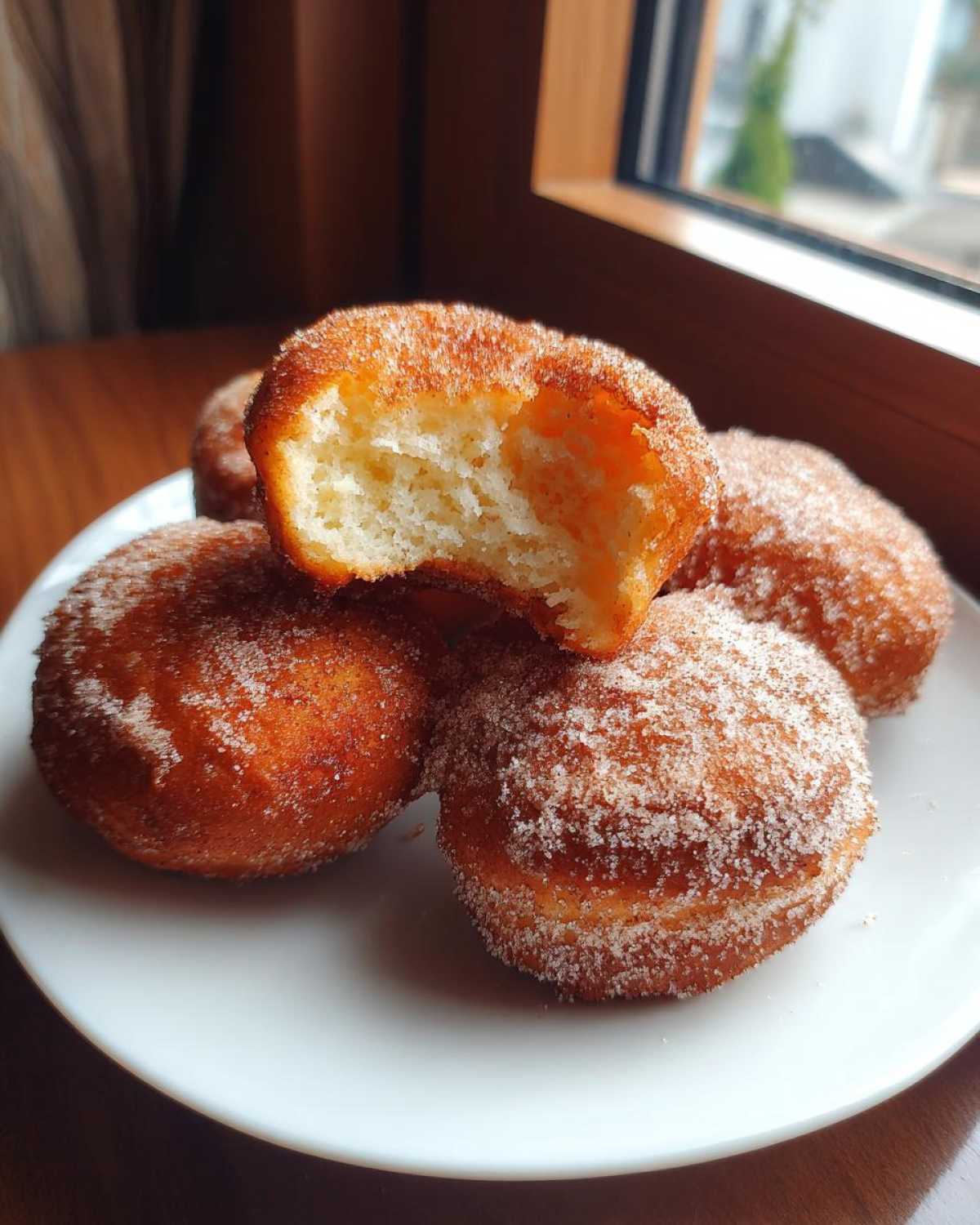 A plate of pancake donuts coated in sugar, with one donut having a bite taken out of it.