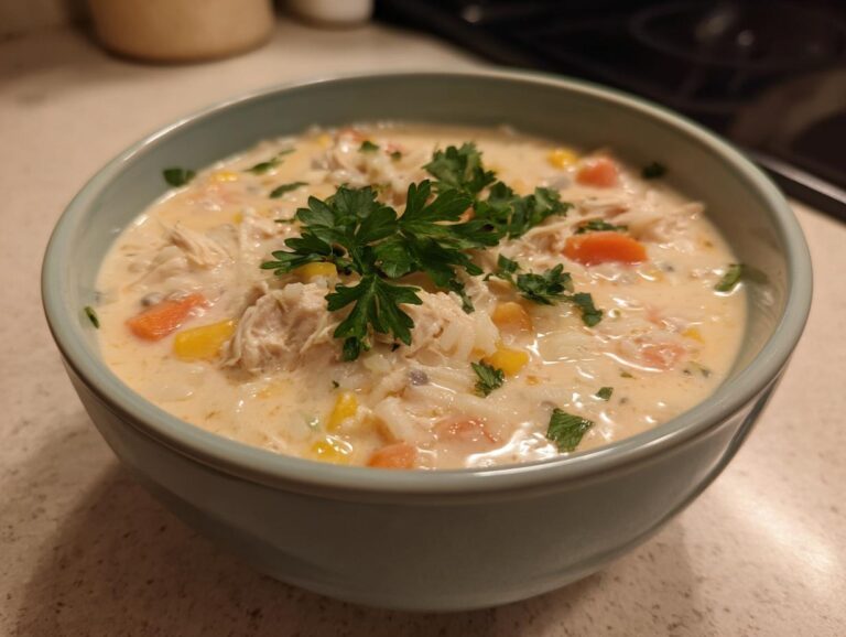 A comforting bowl of Panera chicken and wild rice soup, garnished with fresh parsley.