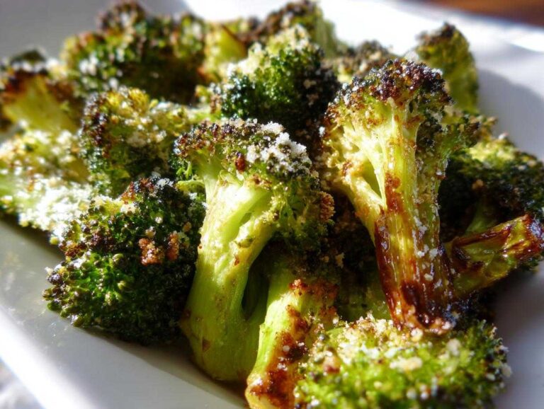 A close-up of parmesan roasted broccoli florets, showing the crispy texture and cheese topping.