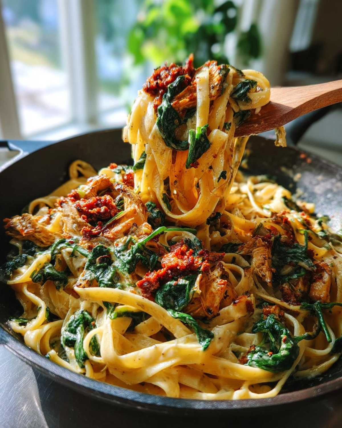 Serving of pasta with chorizo and chicken, featuring fettuccine, spinach, and a creamy sauce.
