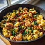 A skillet of pasta with chorizo and chicken, featuring shell pasta, spinach, and chorizo.