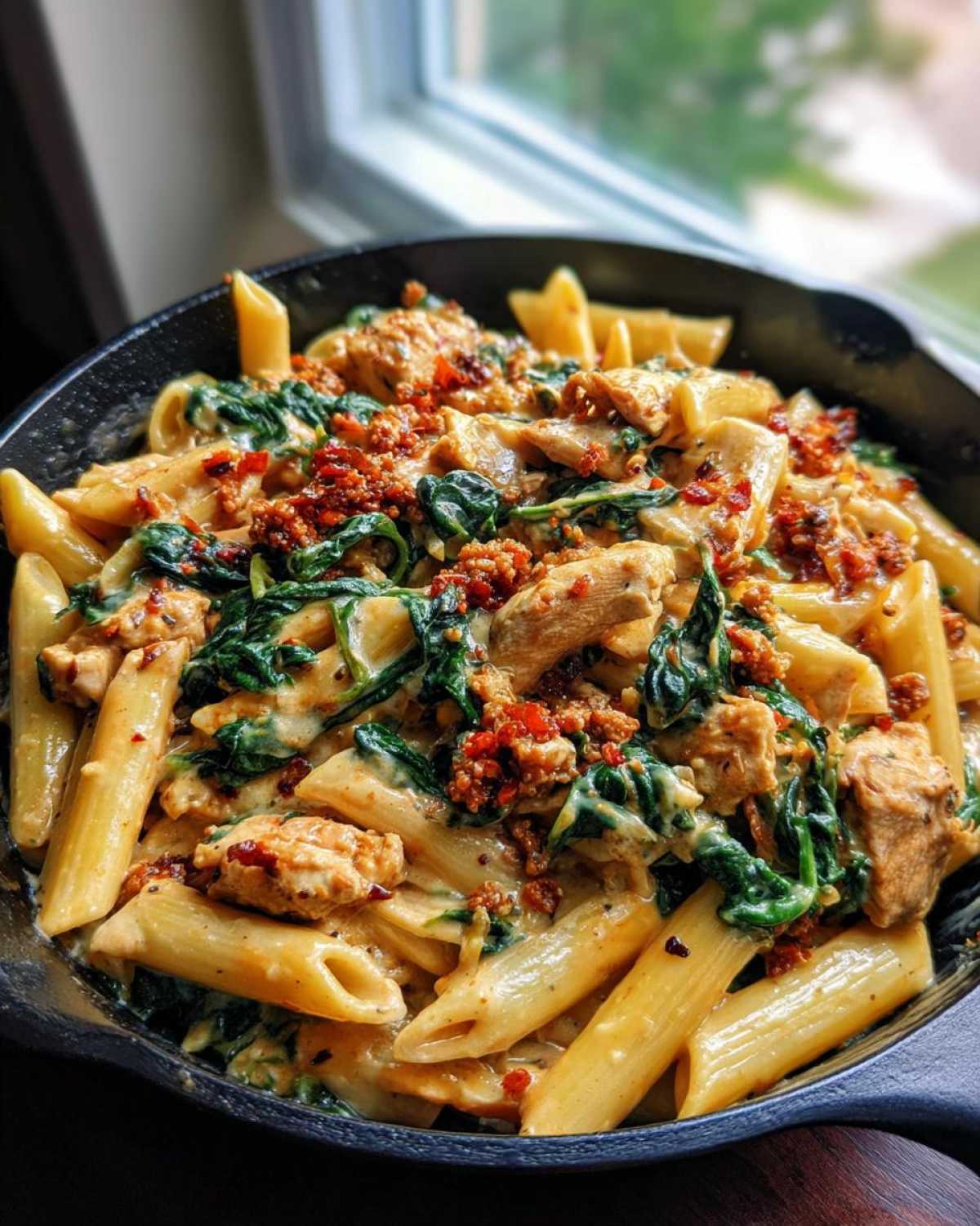 A skillet filled with pasta with chorizo and chicken, spinach, and a creamy sauce.