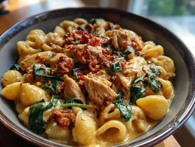 Bowl of pasta with chorizo and chicken, featuring shell pasta, chicken pieces, chorizo crumbles, and spinach.