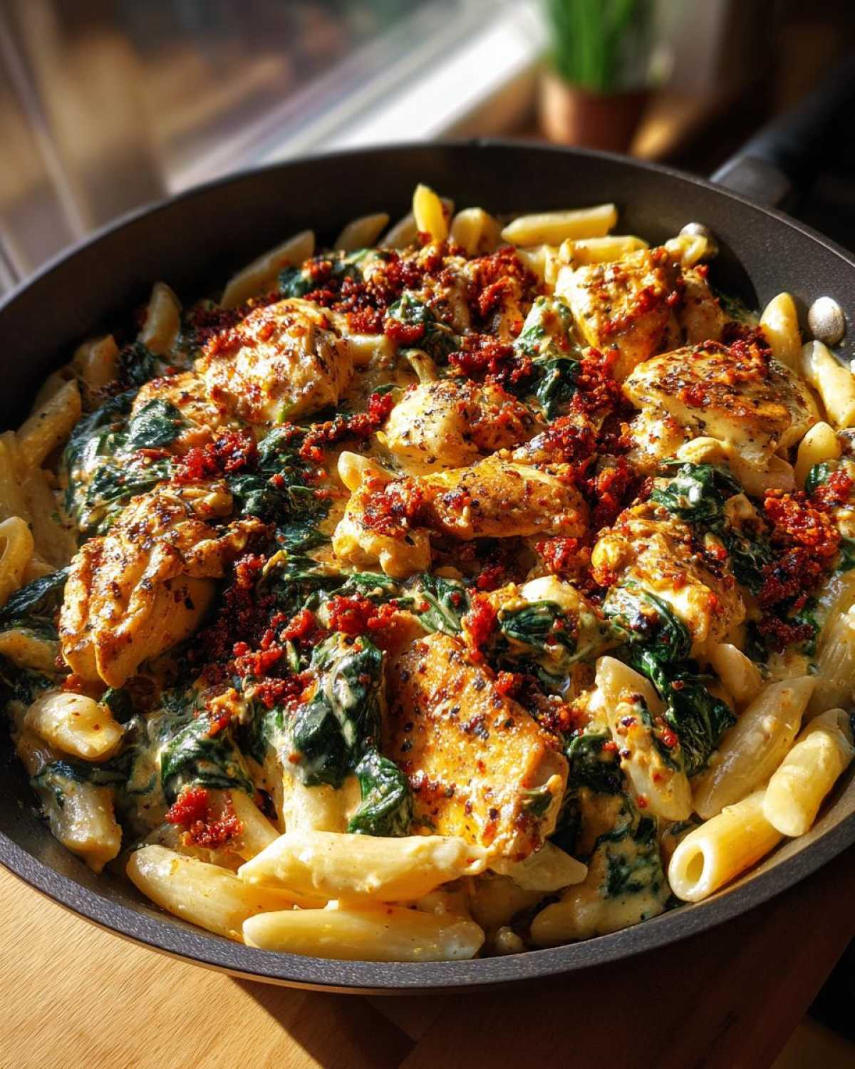 A pan filled with creamy pasta with chorizo and chicken, featuring spinach and a rich sauce.