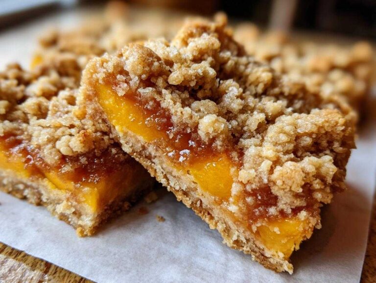 Close-up of two peach bars featuring a crumble topping and visible peach filling.