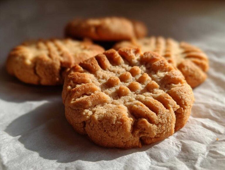 Close-up of freshly baked peanut butter cookies with a classic fork pattern on parchment paper.