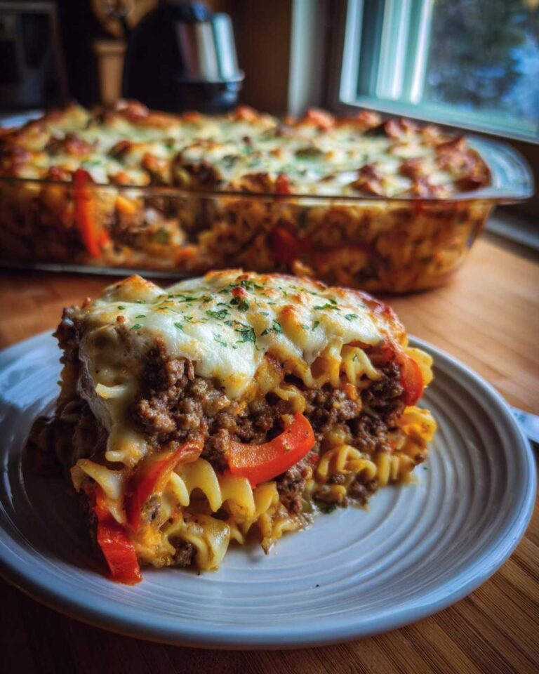 A slice of Philly cheesesteak casserole featuring pasta, beef, peppers, and melted cheese on a white plate.