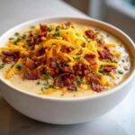 A bowl of Pioneer Woman potato soup topped with cheddar cheese, crispy bacon, and fresh chives.