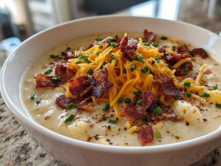 A bowl of creamy Pioneer Woman potato soup topped with bacon, cheddar cheese, and chives.