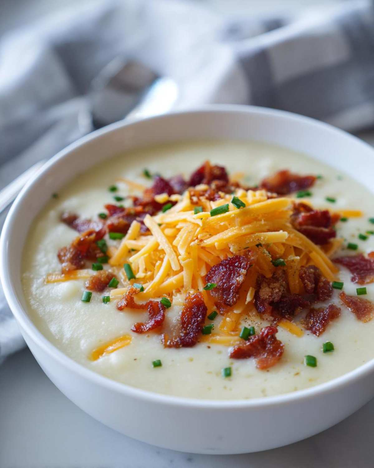 A bowl of Pioneer Woman potato soup topped with bacon, cheese, and chives.