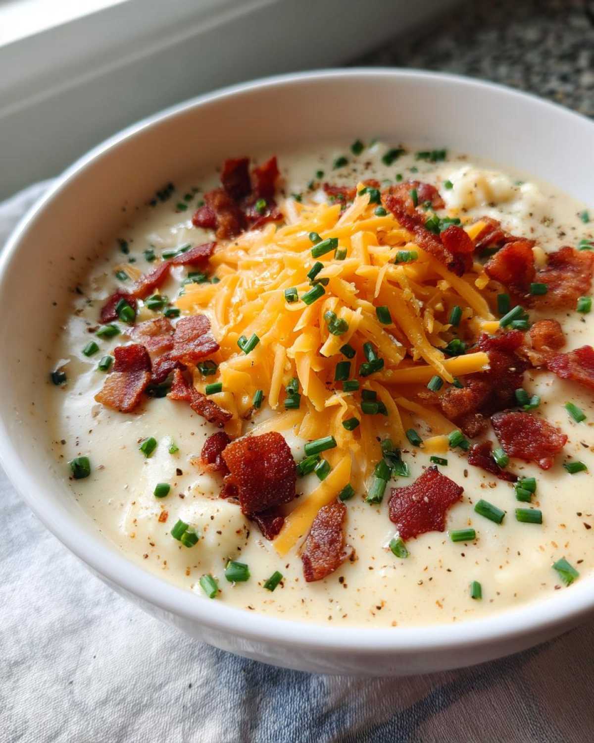 A bowl of creamy Pioneer Woman potato soup topped with cheddar cheese, bacon bits, and fresh chives.