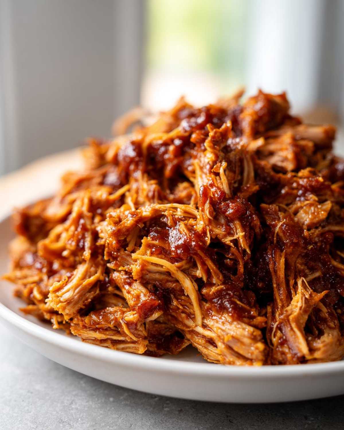 Close-up of Pioneer Woman slow cooker pulled pork on a white plate, glistening with sauce.
