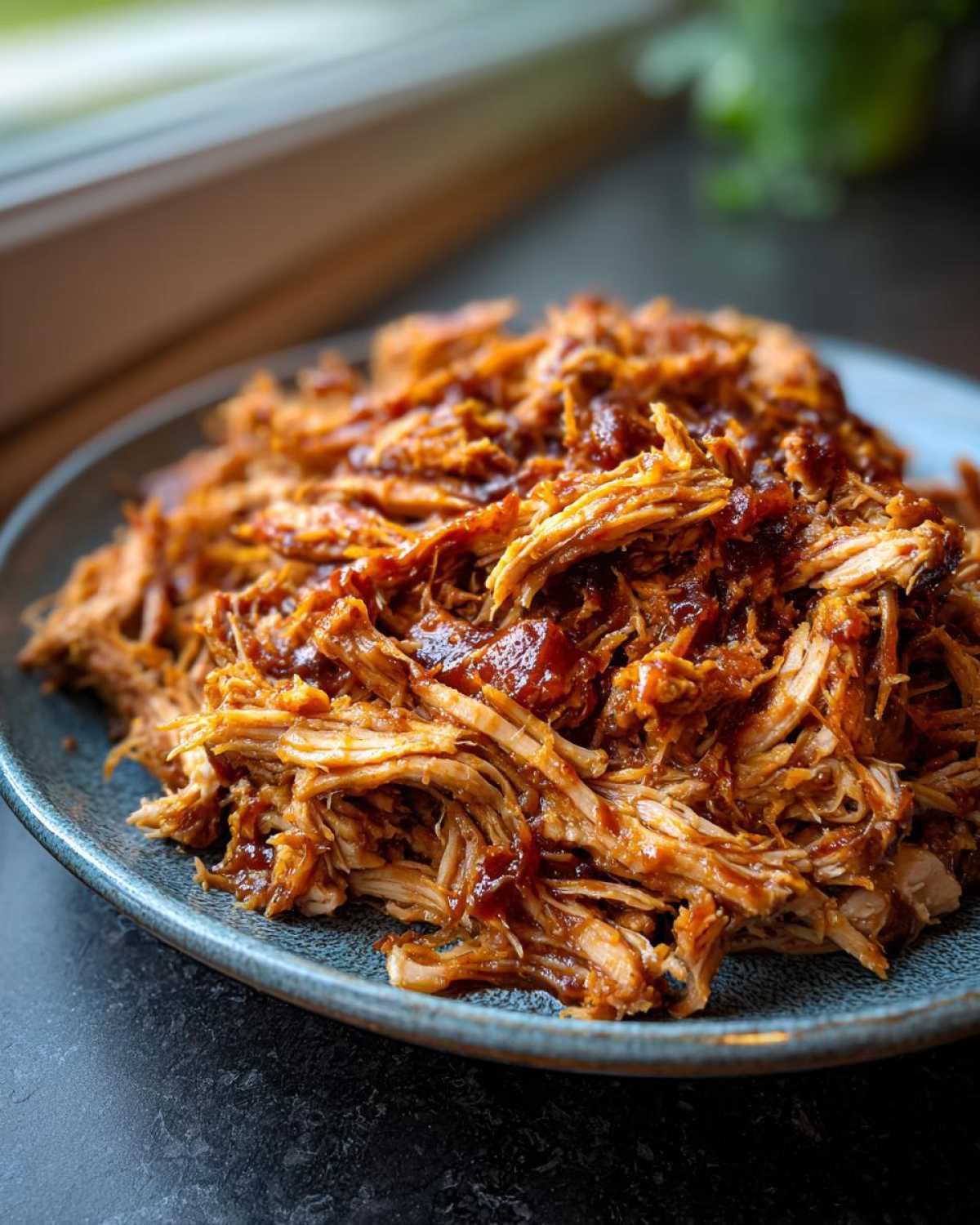 A plate piled high with Pioneer Woman slow cooker pulled pork, glistening with barbecue sauce.