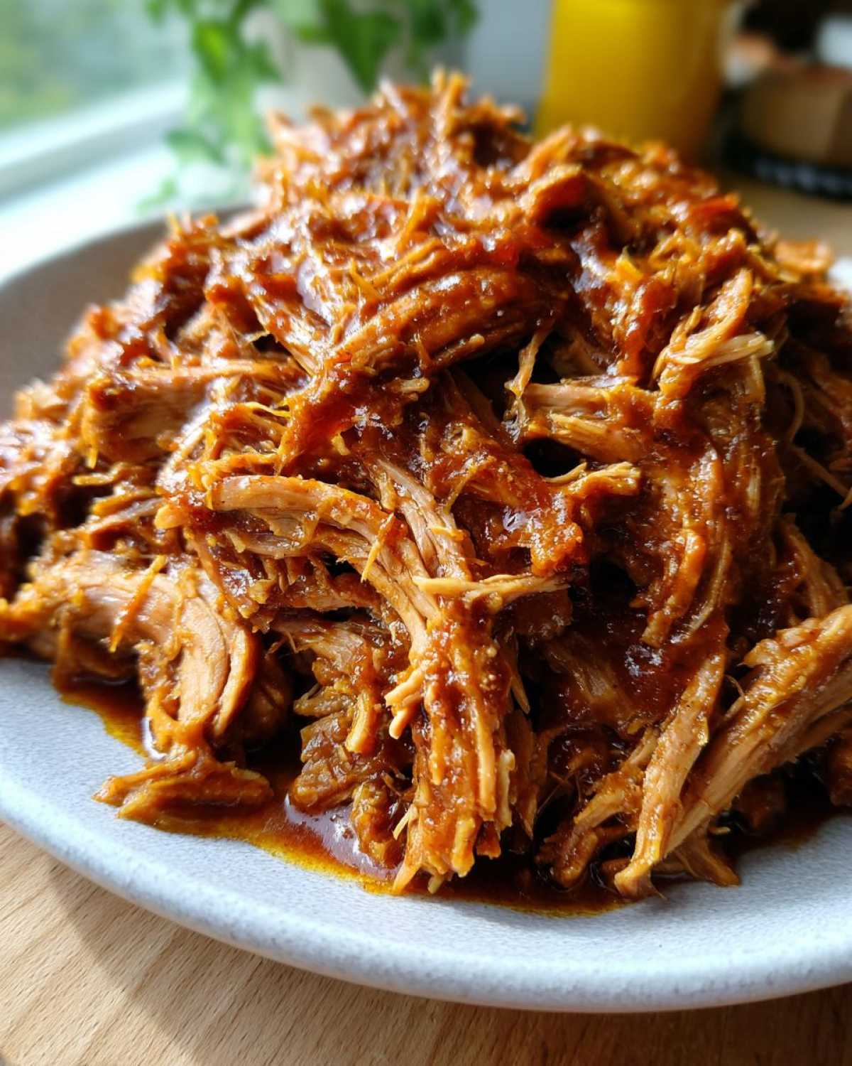 A plate piled high with Pioneer Woman slow cooker pulled pork, glistening with sauce.