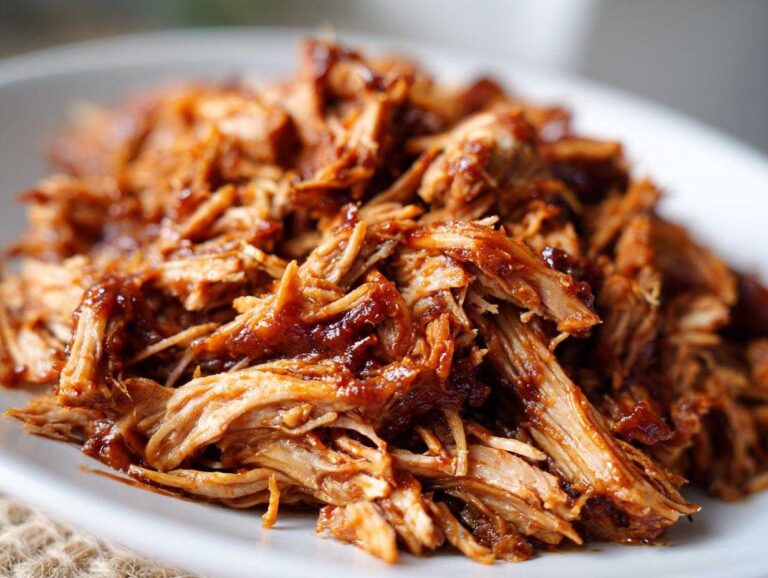 Close-up of Pioneer Woman slow cooker pulled pork with barbecue sauce on a white plate.