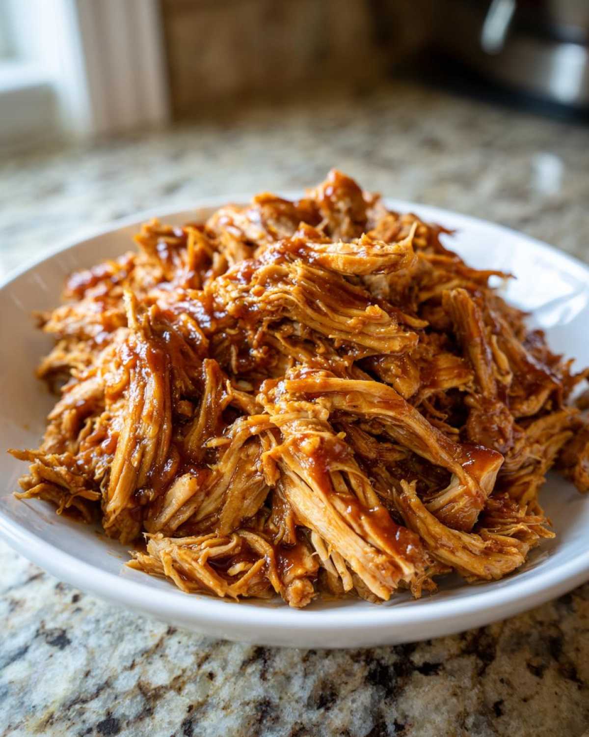 A bowl filled with Pioneer Woman slow cooker pulled pork, glistening with sauce.