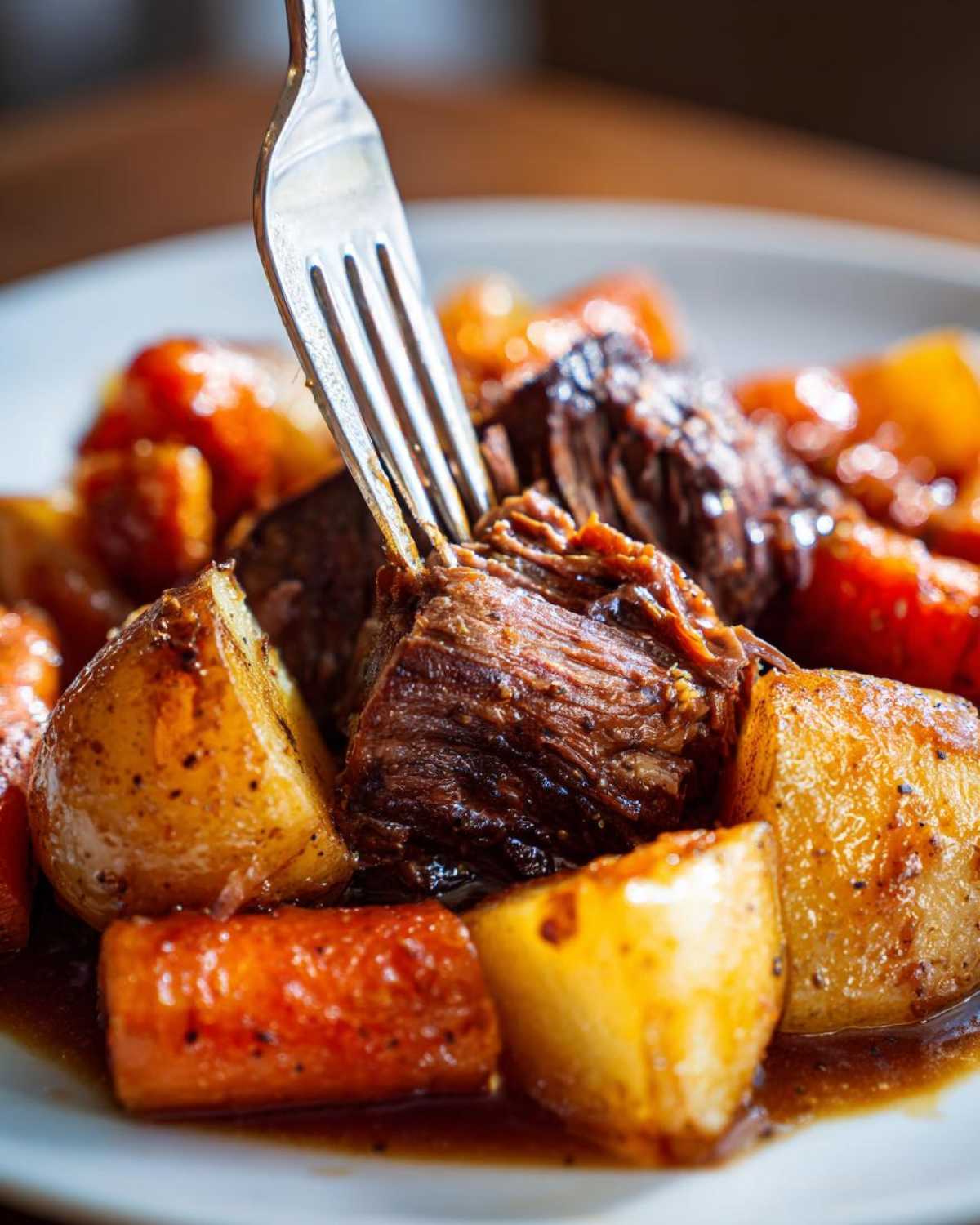 Close-up of pot roast with potatoes and carrots on a plate, a fork piercing a tender piece of meat.
