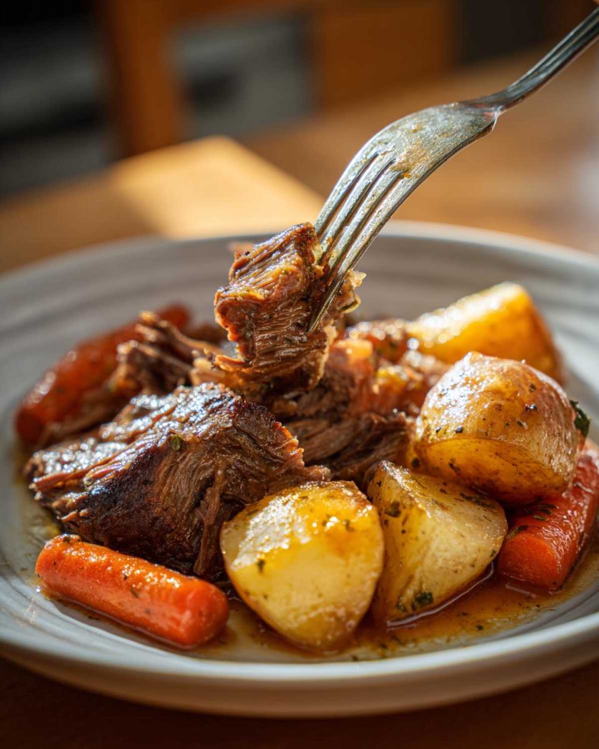 Fork lifting a piece of pot roast with potatoes and carrots from a plate. Hearty and flavorful meal.