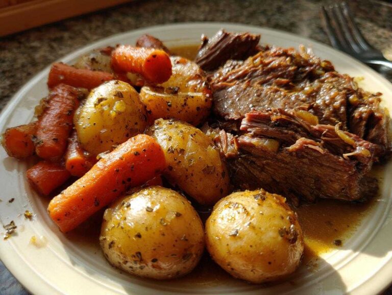 A plate of delicious pot roast with potatoes and carrots, ready to eat.
