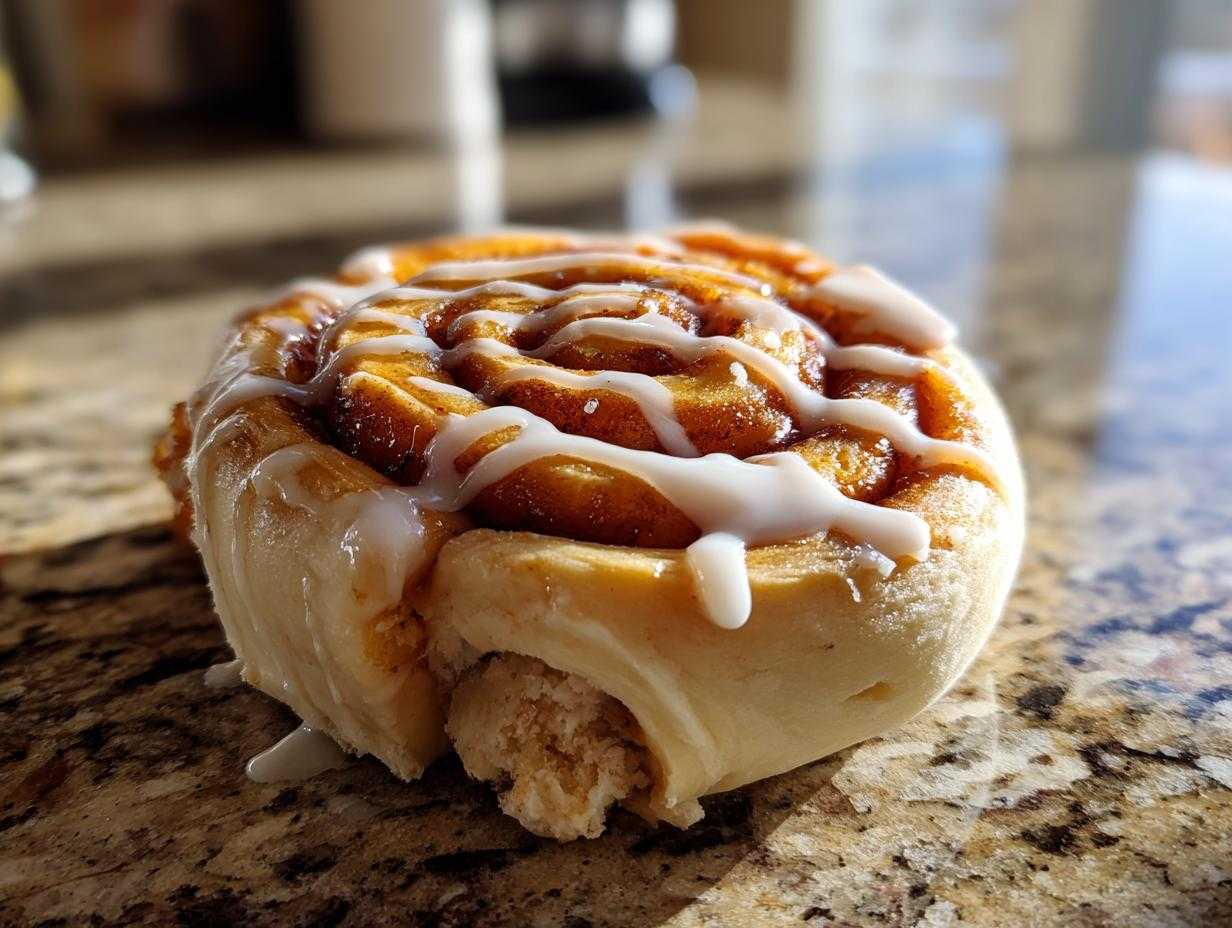 Close-up of a glazed pumpkin cinnamon roll casserole on a marble surface, showcasing its soft texture and sweet icing.