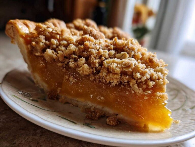 A slice of pumpkin crisp with a crumb topping on a decorative plate, showcasing the fall dessert.