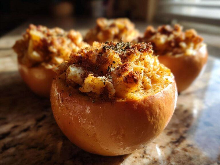 Four pumpkin pie baked apples on a countertop, filled with a crumble topping and garnished with herbs.