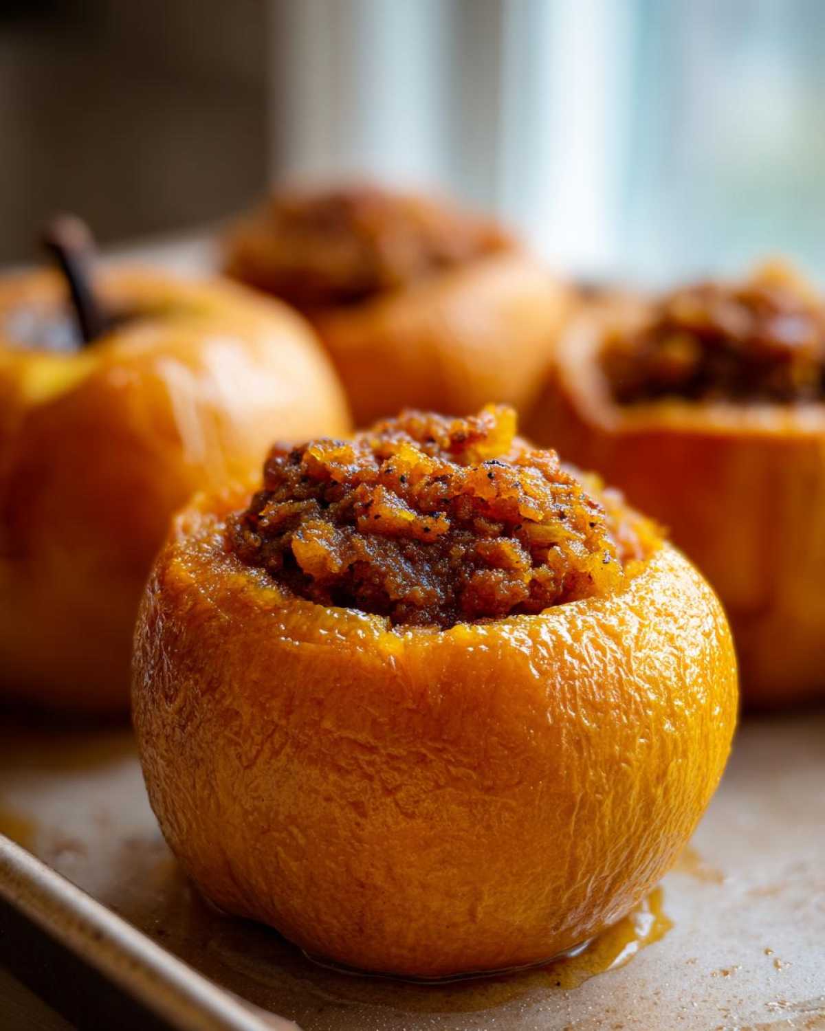 Close-up of pumpkin pie baked apples, showcasing the filling and baked apple exterior.