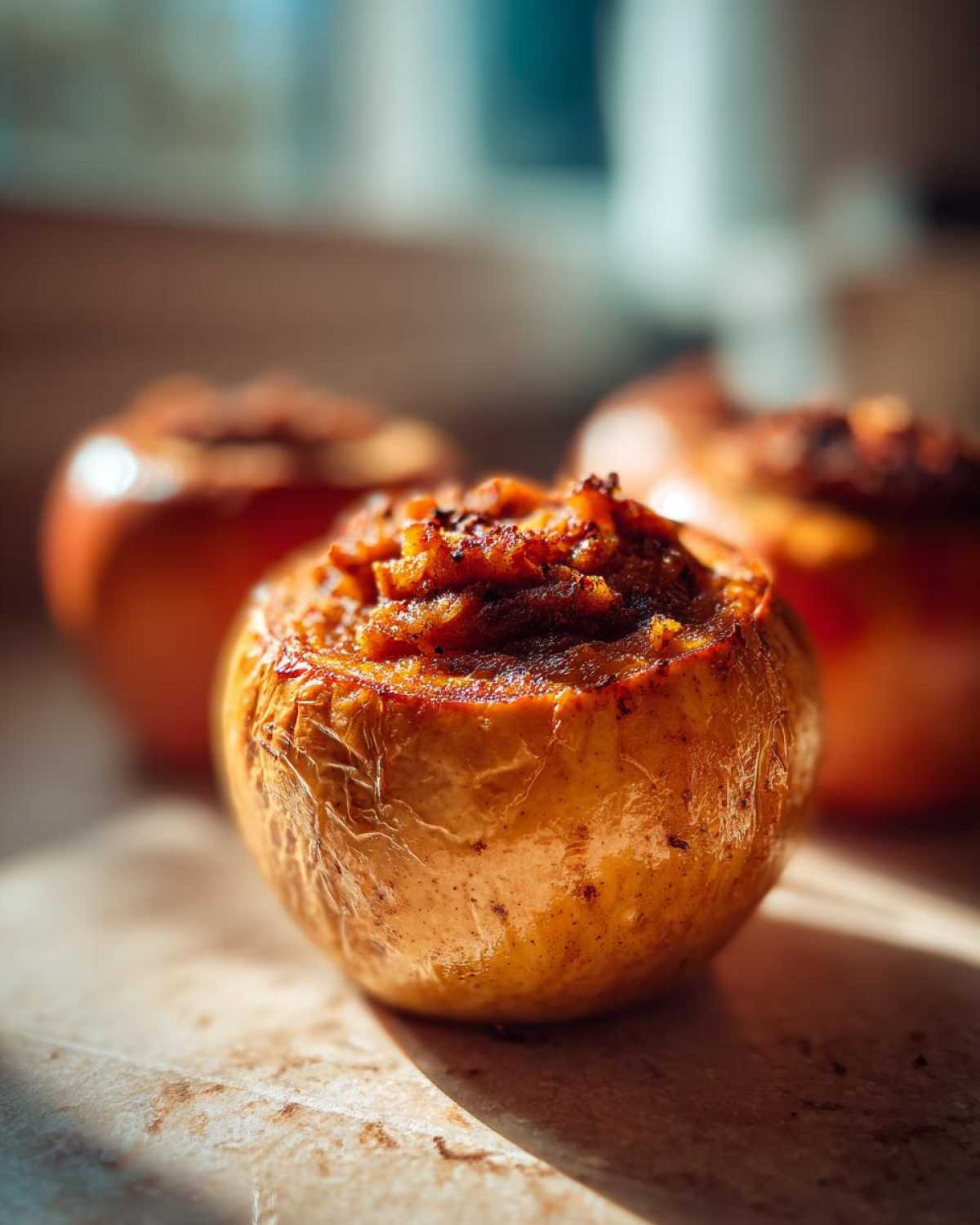 Close-up of pumpkin pie baked apples, showcasing the filling and baked apple texture.