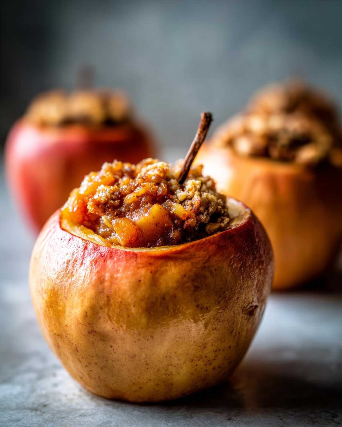 Close-up of Pumpkin pie baked apples, filled with a spiced pumpkin mixture and topped with crumble.