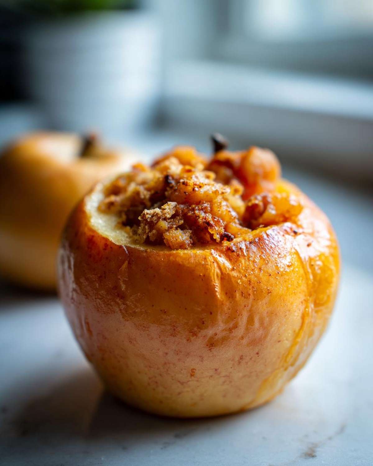 Close-up of a pumpkin pie baked apple filled with a crumble topping.