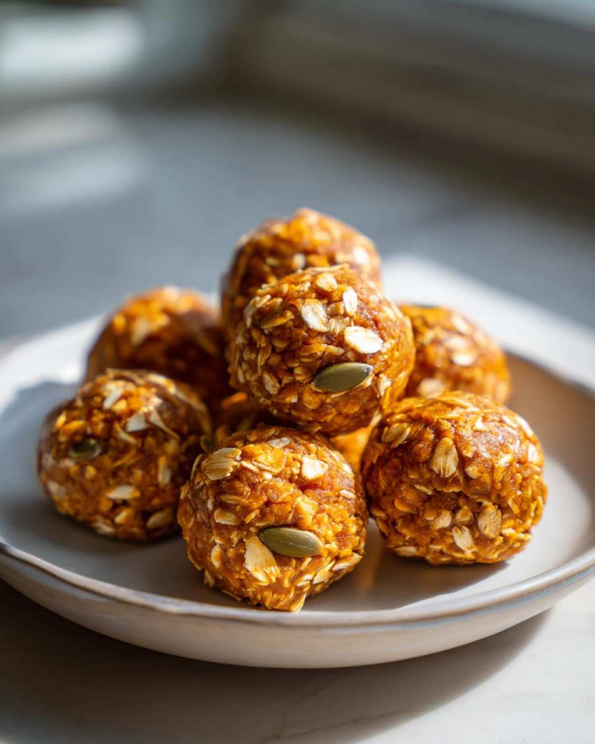 A stack of pumpkin protein bites on a plate, showcasing the oats and pumpkin seeds.