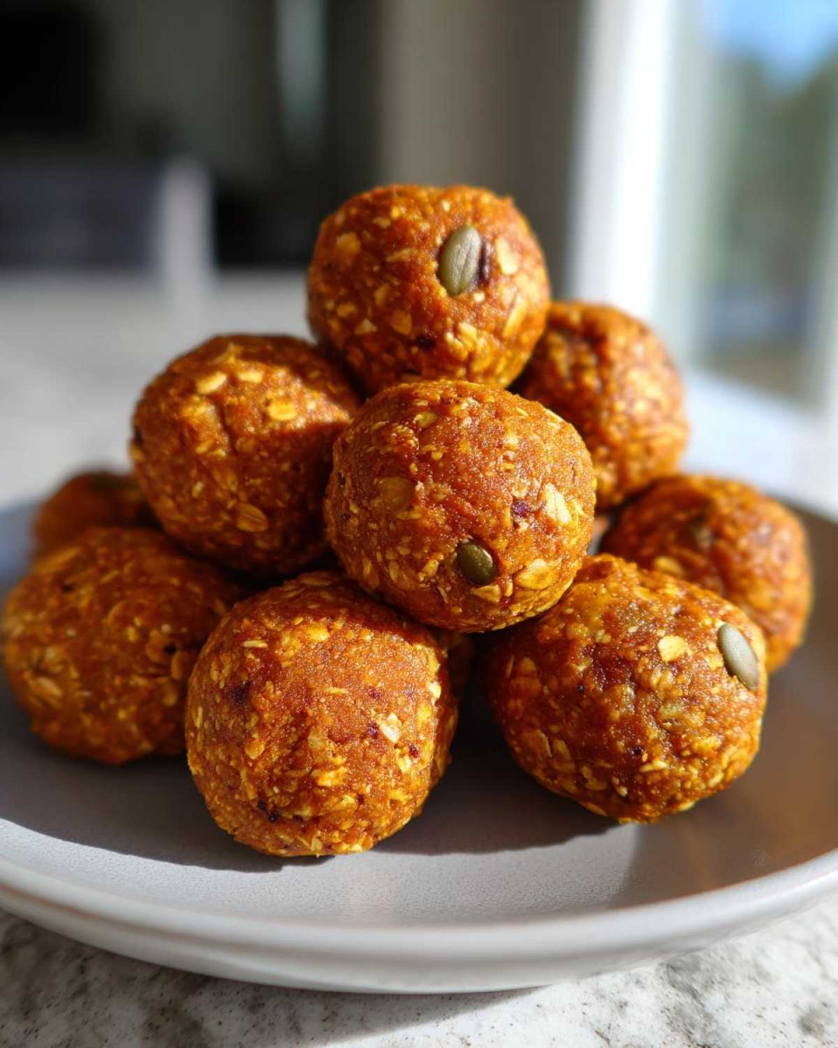A stack of homemade pumpkin protein bites on a plate, showing the texture and pumpkin seeds.