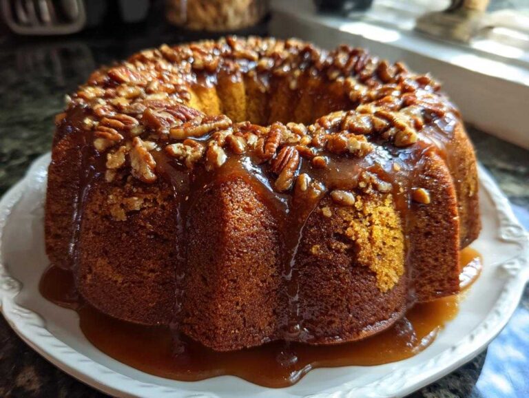 A glazed Pumpkin rum bundt cake topped with pecans, sitting on a white plate.